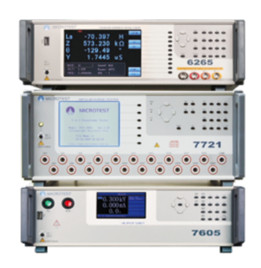 Microtest 3-in-1 transformer testing system with 6265 tester, 7721 impulse winding tester and 7605 hipot tester